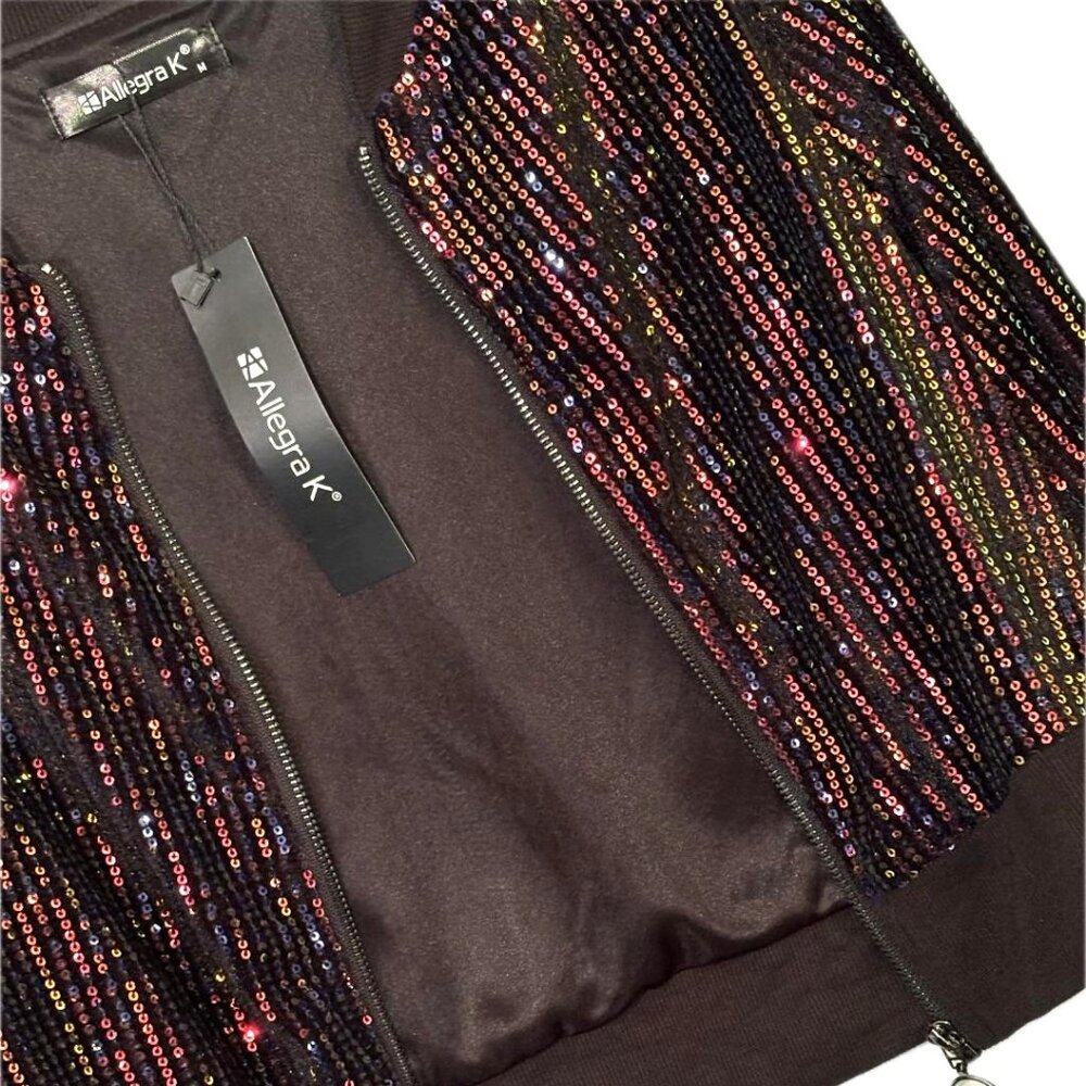 NWT Allegra Unique Color Change Black Sequined Zip Front Lined Crop Jacket Sz M